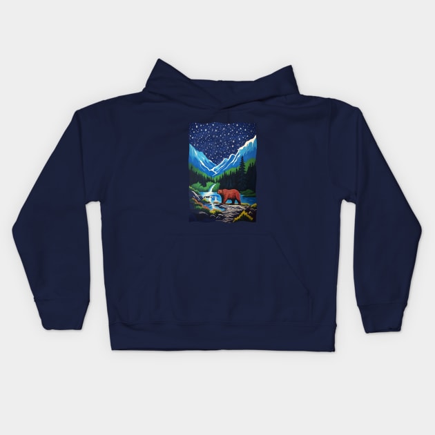 Grizzly Bear Mountains Lake Trees Stars in the Night Sky Kids Hoodie by Pine Hill Goods